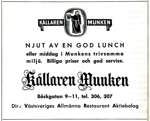 Annons Källaren Munken från 1952